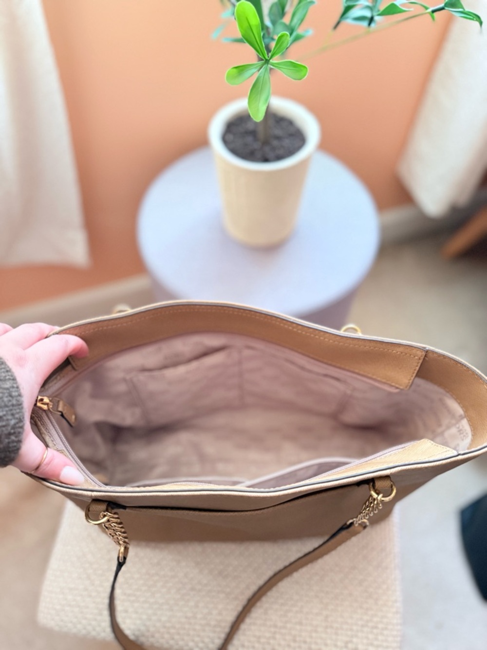 Michael Kors Caramel Saffiano Leather Tote with Gold Charm - Picture 4 of 5